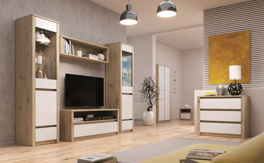 TINO 01 - Komoda 2D3S 140 cm Biały Mat Dąb Artisan